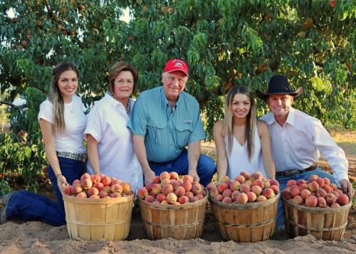 A group of five people poses with baskets of peaches in an orchard, smiling in front of a peach tree.