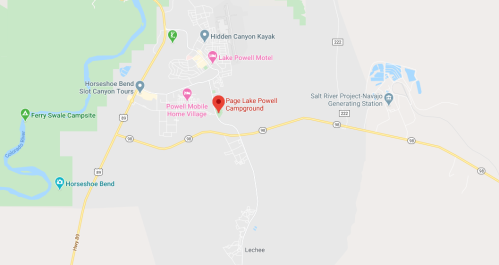 Map showing locations near Lake Powell, including campgrounds, motels, and recreational areas.