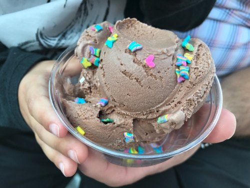 A person holding a bowl of chocolate ice cream topped with colorful heart-shaped sprinkles.