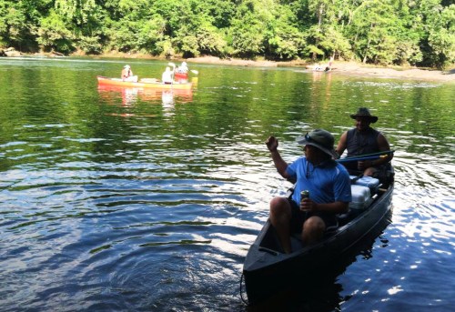 Two canoes on a calm river, one with two people paddling and the other with two people enjoying a leisurely ride.