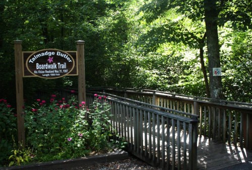 Sign for Talmadge Butler Boardwalk Trail surrounded by lush greenery and flowers, with a wooden walkway leading into the forest.