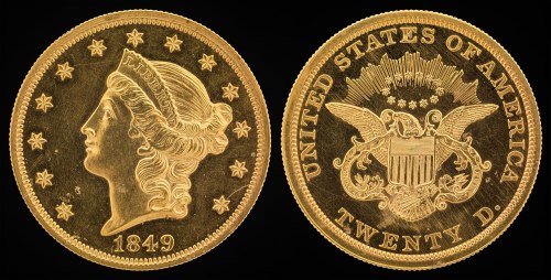 Gold coin featuring a woman's profile on one side and an eagle with a shield on the other, dated 1849.