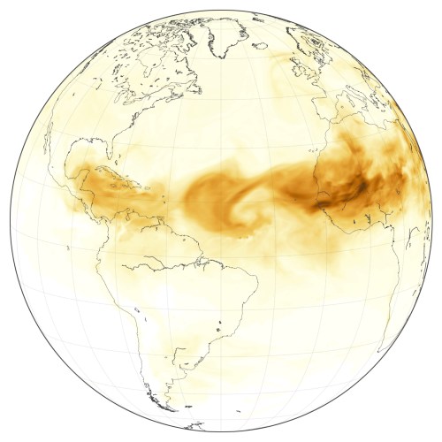 Global map showing atmospheric dust patterns over the Atlantic Ocean and surrounding regions.
