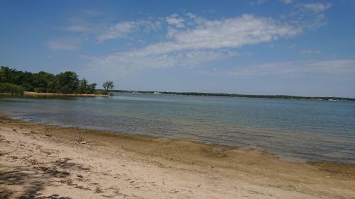 A serene lakeside view with sandy shore, gentle waves, and a clear blue sky dotted with clouds.