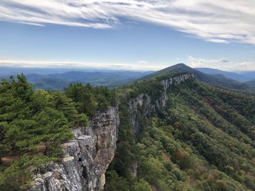 A panoramic view of a rocky cliff surrounded by lush green mountains under a blue sky with scattered clouds.
