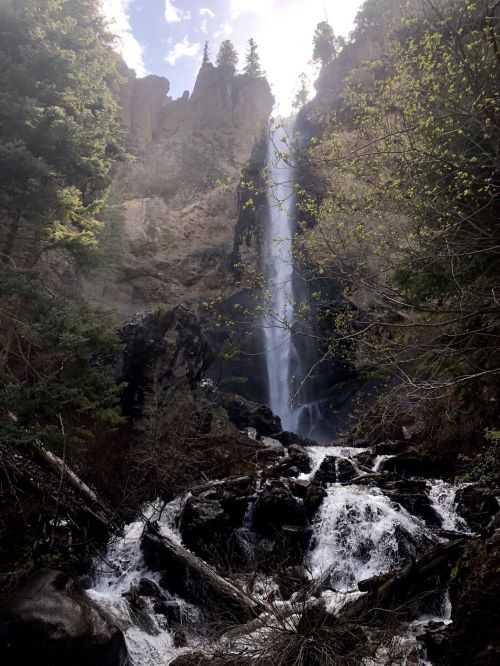 A tall waterfall cascades down rocky cliffs, surrounded by lush greenery and a clear blue sky.