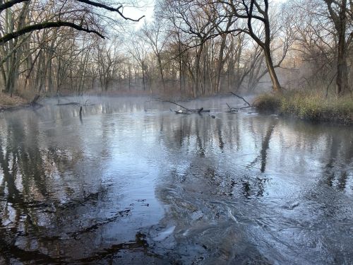 A serene river scene with mist rising, surrounded by bare trees and reflections on the water's surface.