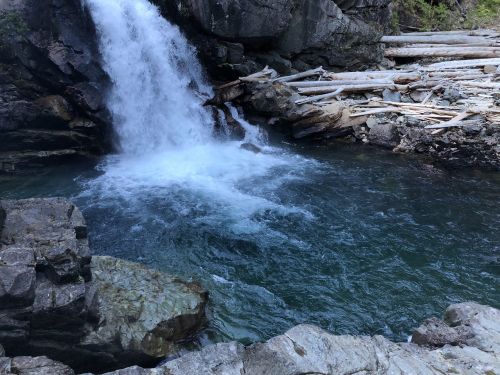 A serene waterfall cascades into a clear pool, surrounded by rocky terrain and scattered logs.