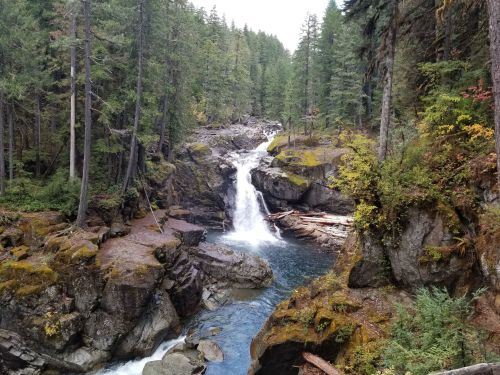 A serene waterfall cascades through rocky terrain, surrounded by lush green trees and autumn foliage.