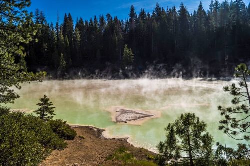 A misty geothermal lake surrounded by trees, with steam rising from the water under a clear blue sky.