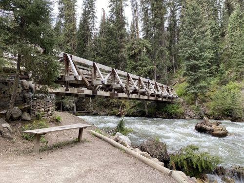A wooden bridge spans a rushing river, surrounded by tall trees and lush greenery in a serene natural setting.