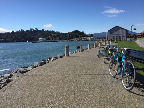 A scenic waterfront path with benches and bicycles, overlooking a calm bay and distant hills under a clear blue sky.