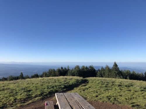 A wooden bench on a grassy hilltop with a clear blue sky and distant mountains in the background.