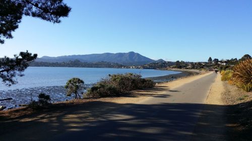 Scenic view of a calm bay with mountains in the background and a pathway along the water's edge.