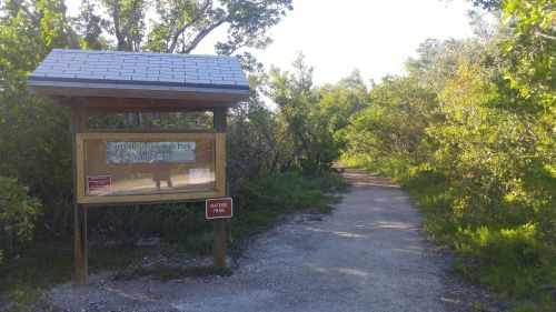 Sign for a nature trail at a park, with a dirt path surrounded by greenery and trees on either side.
