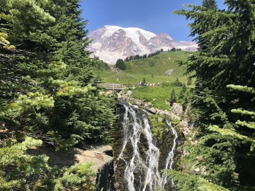 A waterfall cascades down rocks, surrounded by lush greenery, with a snow-capped mountain in the background under a clear blue sky.