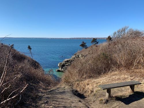 A wooden bench overlooks a calm blue sea, surrounded by sparse vegetation and rocky cliffs under a clear sky.