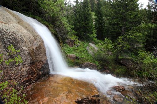 A serene waterfall cascades over rocks, surrounded by lush green trees and foliage in a tranquil forest setting.