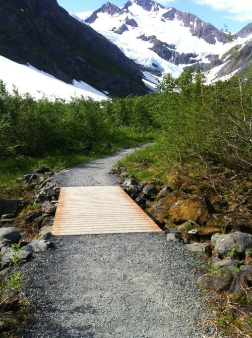A gravel path leads to a wooden bridge, surrounded by lush greenery and mountains with snow and glaciers in the background.