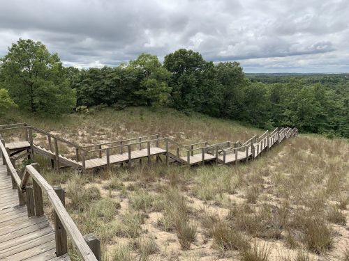 A wooden staircase winds through grassy terrain, leading up a hill surrounded by trees under a cloudy sky.