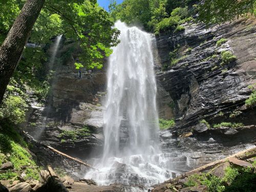 A majestic waterfall cascading down rocky cliffs, surrounded by lush greenery and sunlight filtering through the trees.