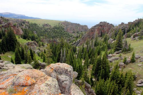 A scenic view of a rocky landscape with lush green trees and rolling hills under a cloudy sky.