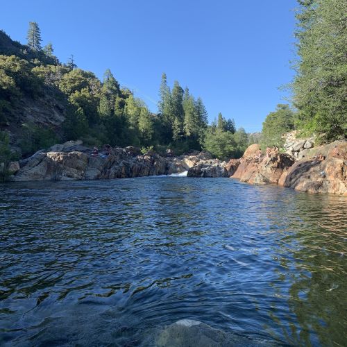 A serene river flows through a rocky landscape, surrounded by lush green trees under a clear blue sky.