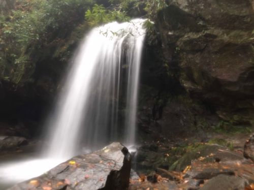 A serene waterfall cascades over rocks, surrounded by lush greenery and a tranquil atmosphere.