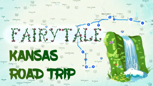 Map illustration featuring a whimsical design for a "Fairytale Kansas Road Trip," with a waterfall and greenery.