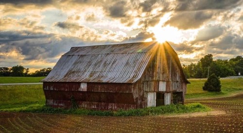 A rustic barn with a weathered roof, bathed in sunlight, set against a dramatic sky and green fields.
