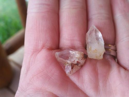 A hand holding two small, clear quartz crystals with hints of color and natural imperfections.