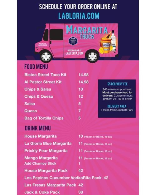 Menu for a food truck featuring tacos, chips, salsa, and drinks like margaritas and vodka Rita. Delivery info included.