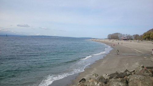 A serene beach scene with gentle waves, sandy shore, and people enjoying the outdoors under a clear sky.