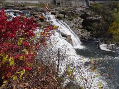 A waterfall cascades over rocks, surrounded by colorful autumn foliage in shades of red and green.