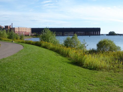 A scenic view of a grassy path along a lake, with a large structure and trees in the background under a clear sky.
