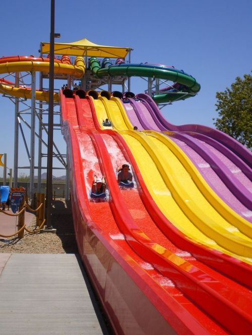 Colorful water slides with riders descending, surrounded by a clear blue sky and trees in the background.
