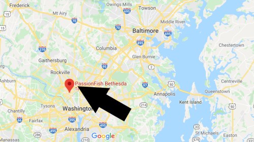 Map showing the location of PassionFish Bethesda, near Washington, D.C., with an arrow pointing to the restaurant.