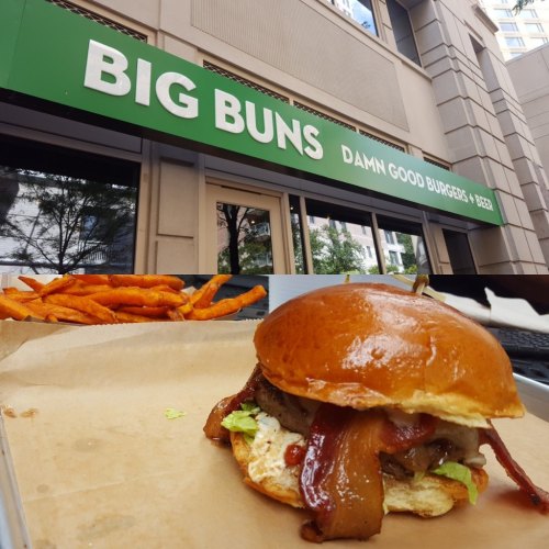 A delicious burger with bacon and lettuce, served with sweet potato fries, outside a restaurant called "Big Buns."