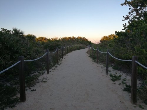A sandy path lined with rope fencing, surrounded by greenery, leading into a serene outdoor area.