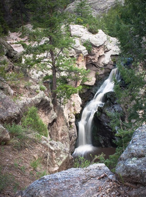 A serene waterfall cascades down rocky cliffs, surrounded by lush greenery and tall trees in a tranquil natural setting.