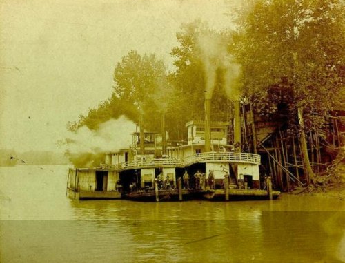 A vintage steamboat docked by a river, surrounded by trees, with smoke billowing from its stacks.
