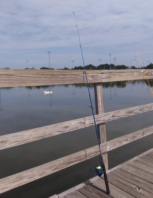 A fishing rod stands on a wooden pier overlooking a calm lake with a cloudy sky in the background.