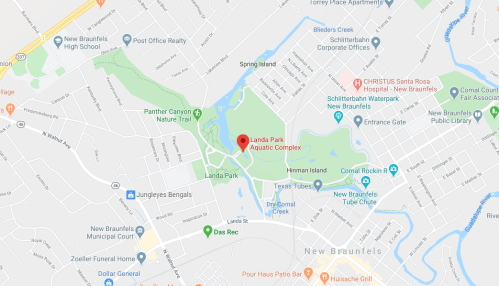 Map showing Land's Park Aquatic Complex in New Braunfels, Texas, with nearby streets and landmarks.