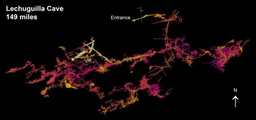 3D map of Lechuguilla Cave, showing a colorful network of passages, with the entrance labeled and north direction indicated.
