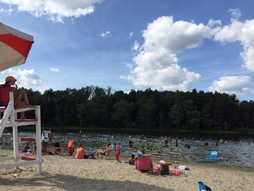 A sandy beach scene with people swimming and relaxing, surrounded by trees and a blue sky with fluffy clouds.