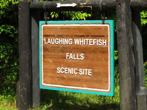 Wooden sign reading "Laughing Whitefish Falls Scenic Site" surrounded by greenery.