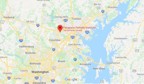 Map showing the location of the Patapsco Female Institute, marked as temporarily closed, near Columbia, Maryland.