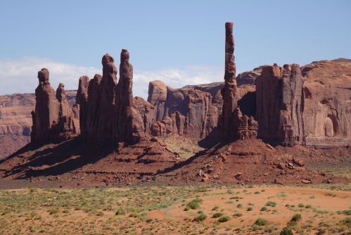 A stunning view of towering red rock formations and mesas under a clear blue sky in a desert landscape.