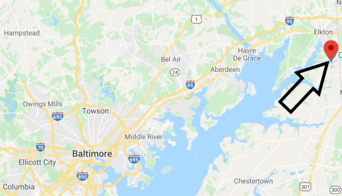 Map showing the area around Baltimore, Maryland, with an arrow pointing to Elkton in the northeast.