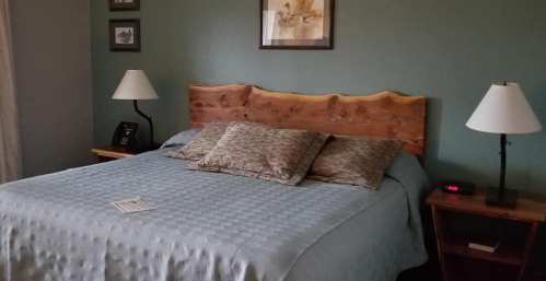 Cozy bedroom with a wooden bed, blue bedding, two lamps, and a nightstand with a clock and a brochure.